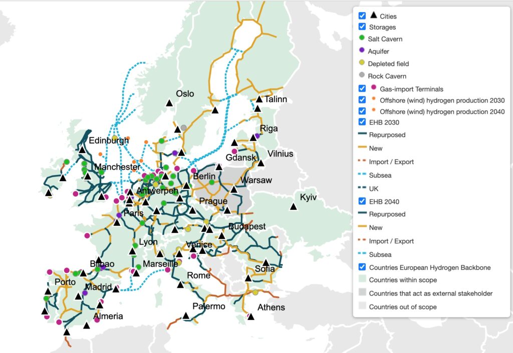 Європейські карти водневої магістралі ehb.eu
